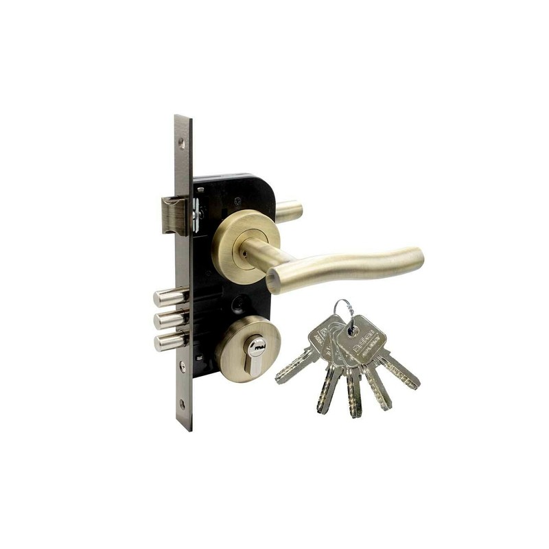 Cerradura manija soprano tide laton antiguo 3 bulones 70mm reversible SPP